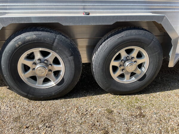 Wheels of a 2024 16’ EBY Maverick Bumper Pull